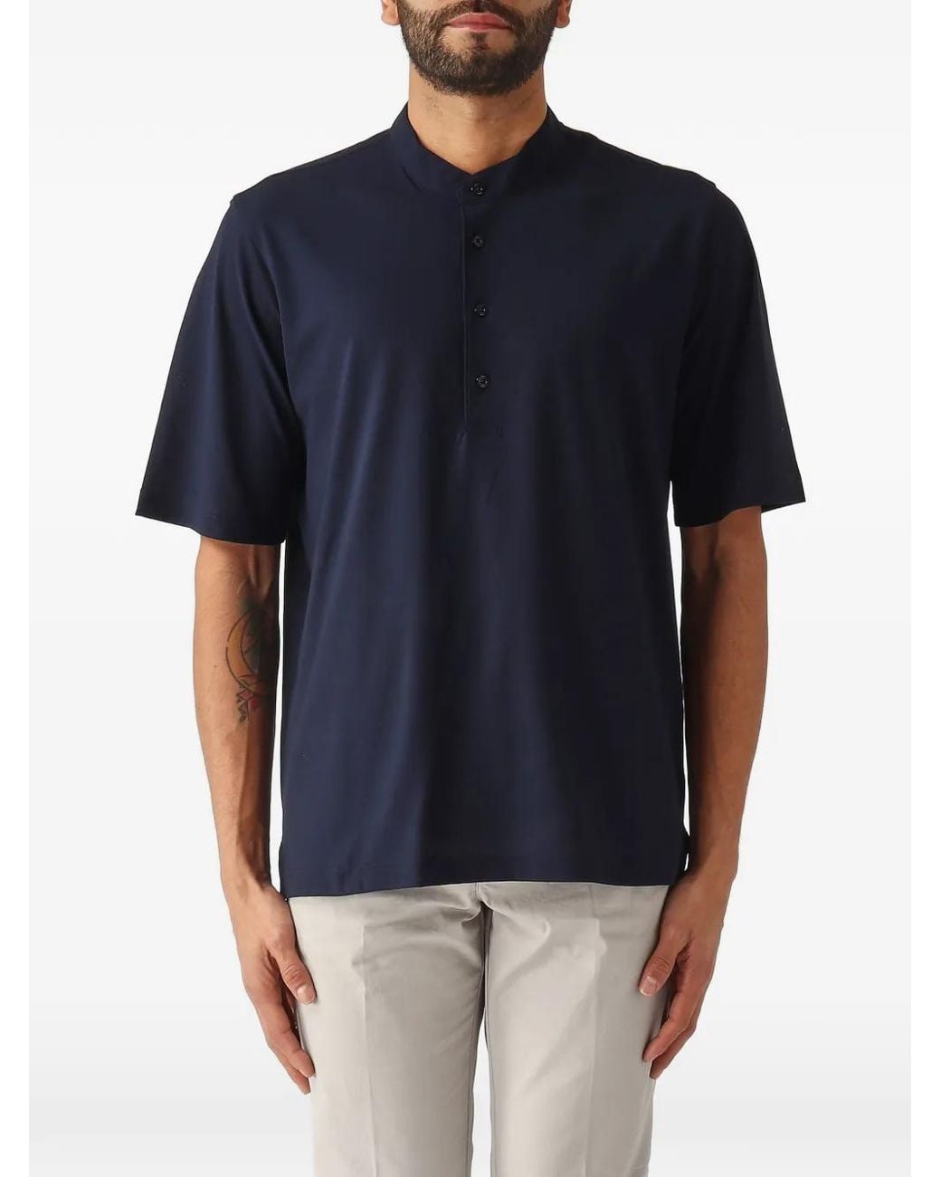 Herno Blue Band-Collar Button-Up T-Shirt for men
