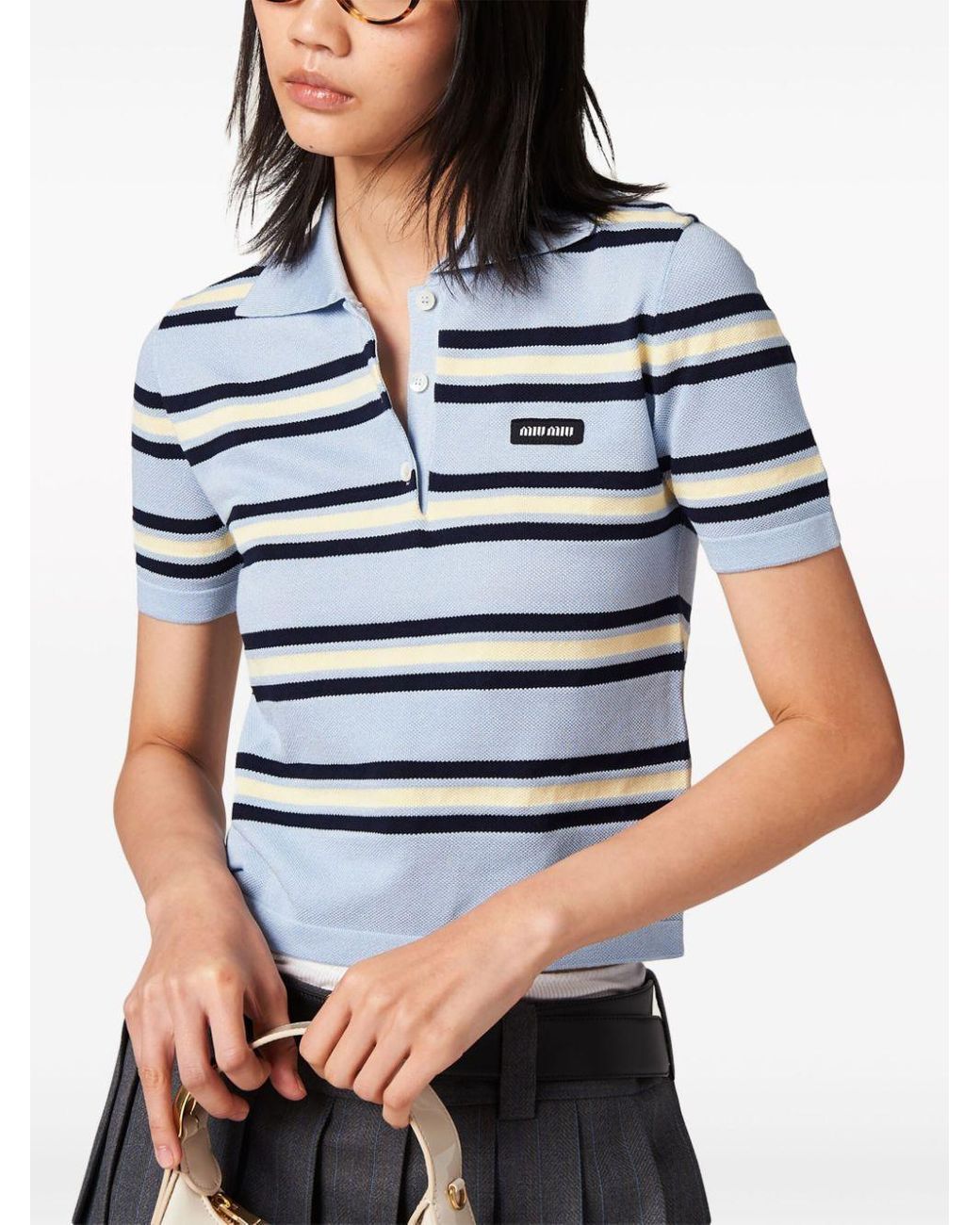 Miu Miu Striped Knitted Cotton Polo Shirt in Blue | Lyst