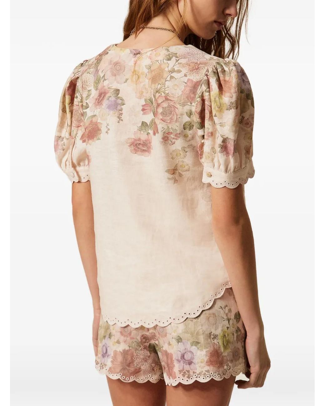 Twinset White Linen Floral Blouse With Embroidery