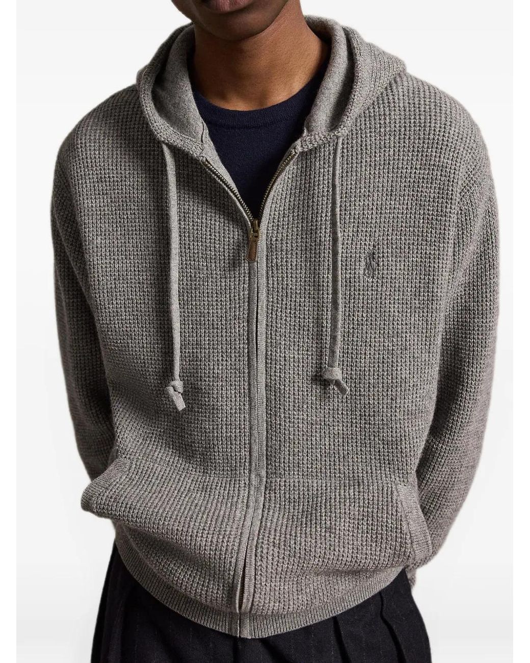 Polo Ralph Lauren Gray Hoodie En Maille Gaufrée À Fermeture Zippée for men