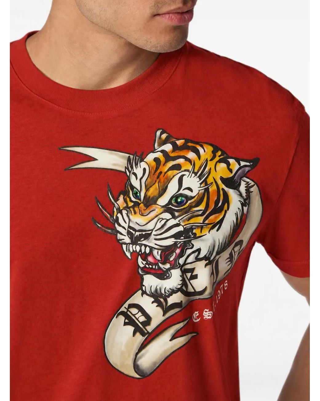 Philipp Plein Red Tiger-Print T-Shirt for men