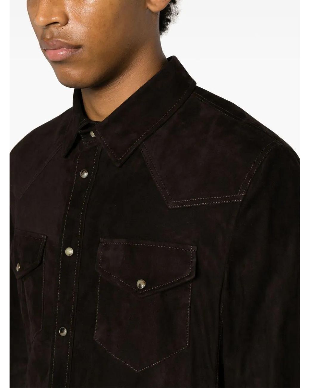 Brunello Cucinelli Black Brown Press-stud Suede Shirt for men