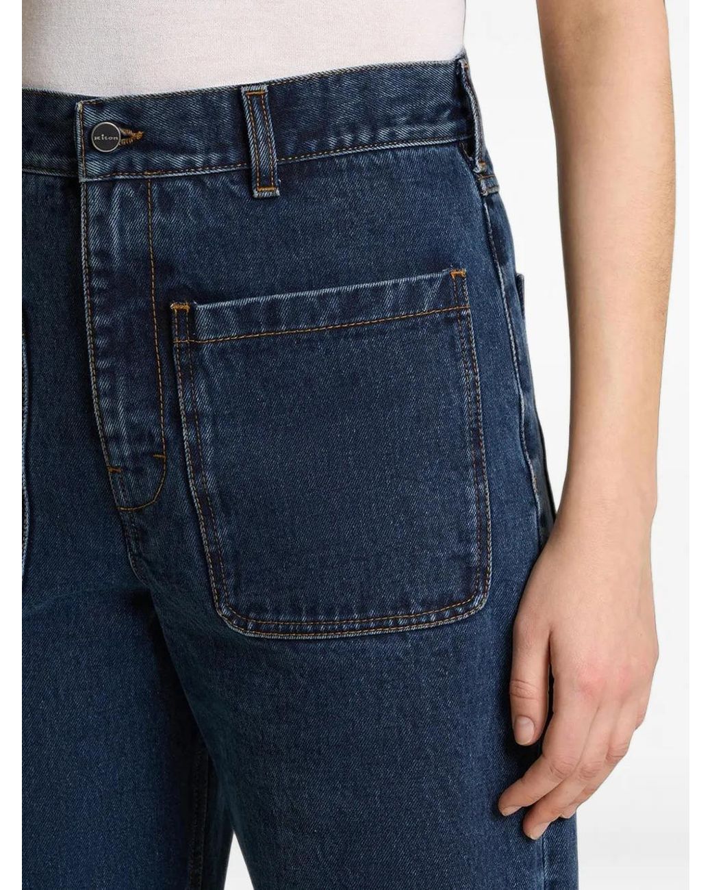 Kiton Blue Logo-Embroidered Patch-Pocket Jeans