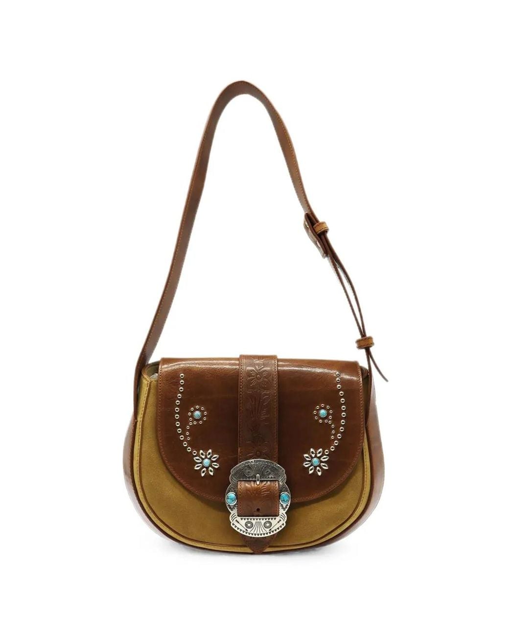 HTC Brown Joan Flower-Studded Leather Shoulder Bag