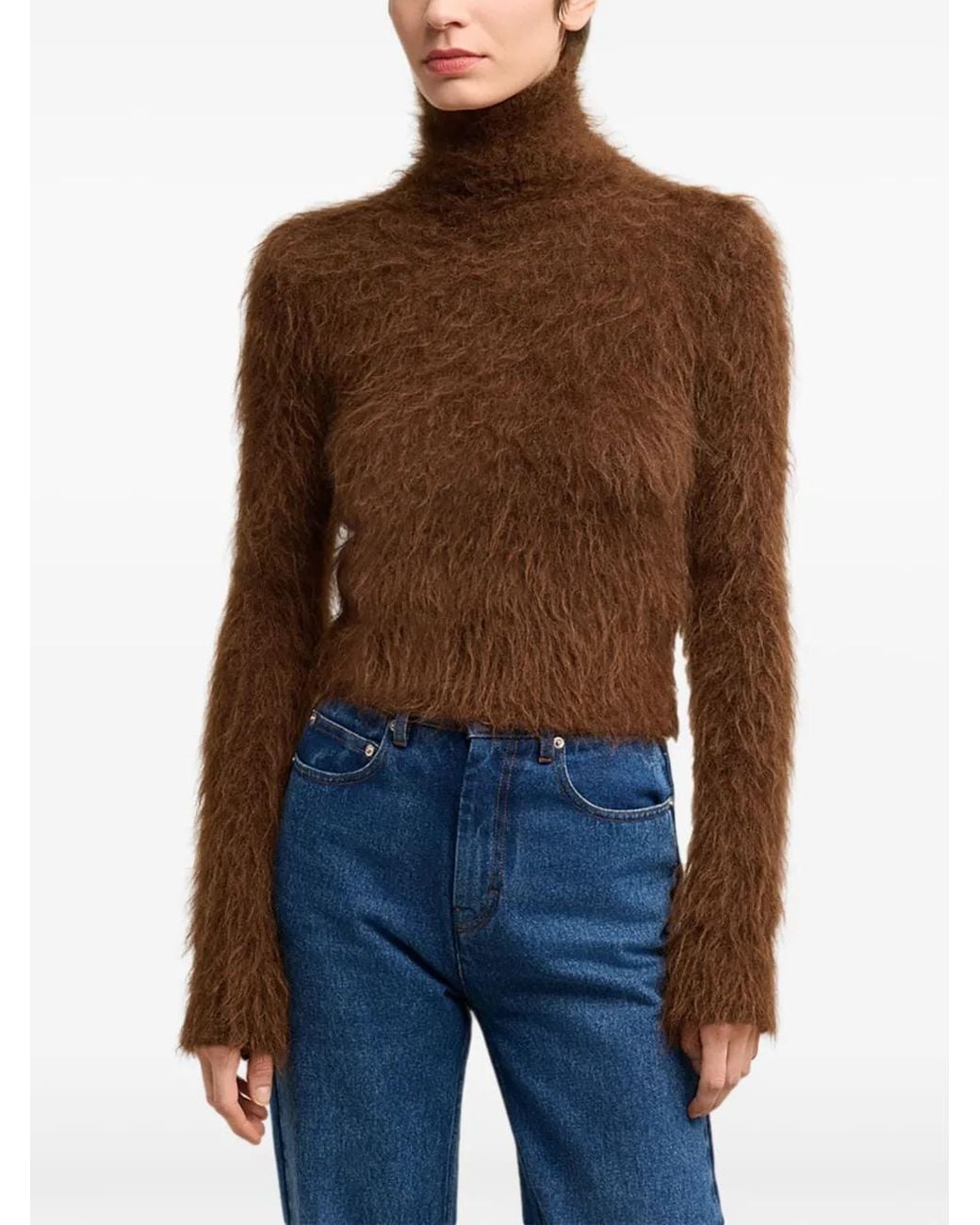 AMI Brown Brushed-Effect Roll-Neck Jumper