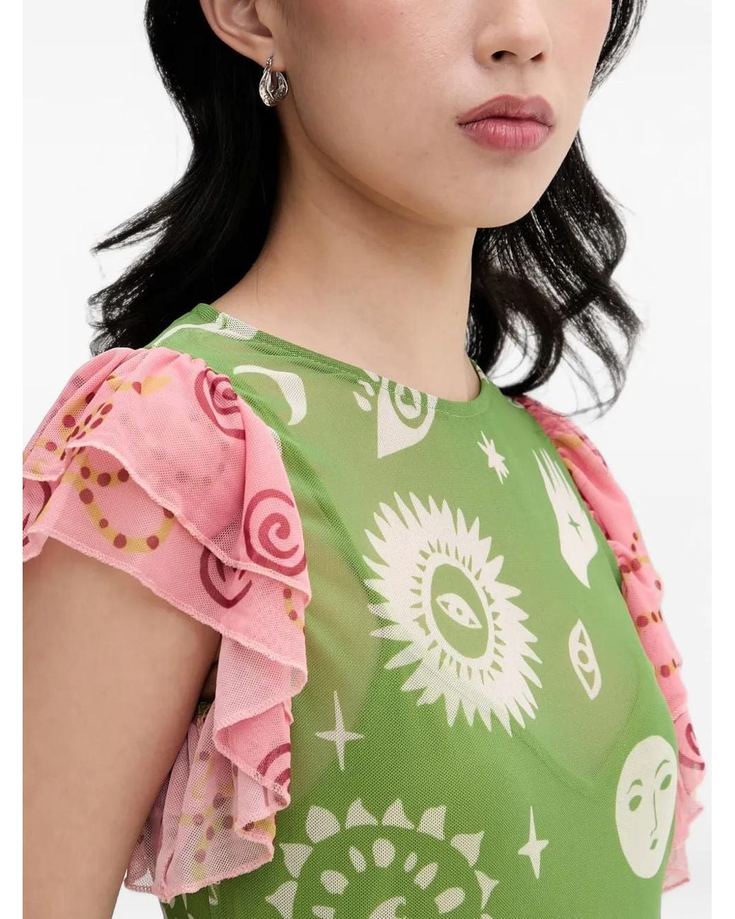 Never Fully Dressed Green Graphic-Print Ruffled Midi Dress