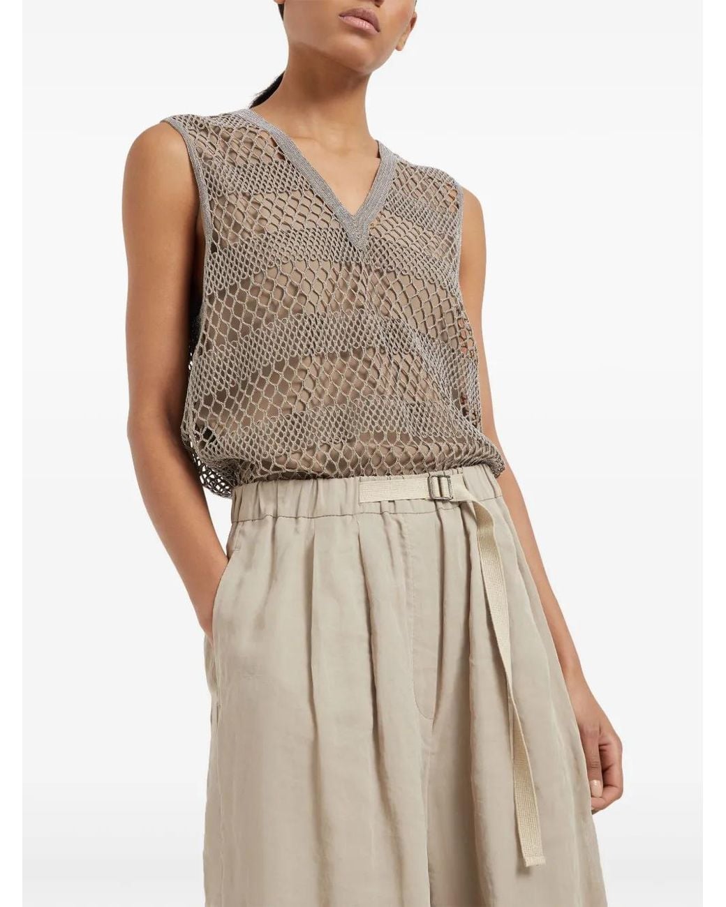 Brunello Cucinelli Natural Belted Cotton-organza Trousers