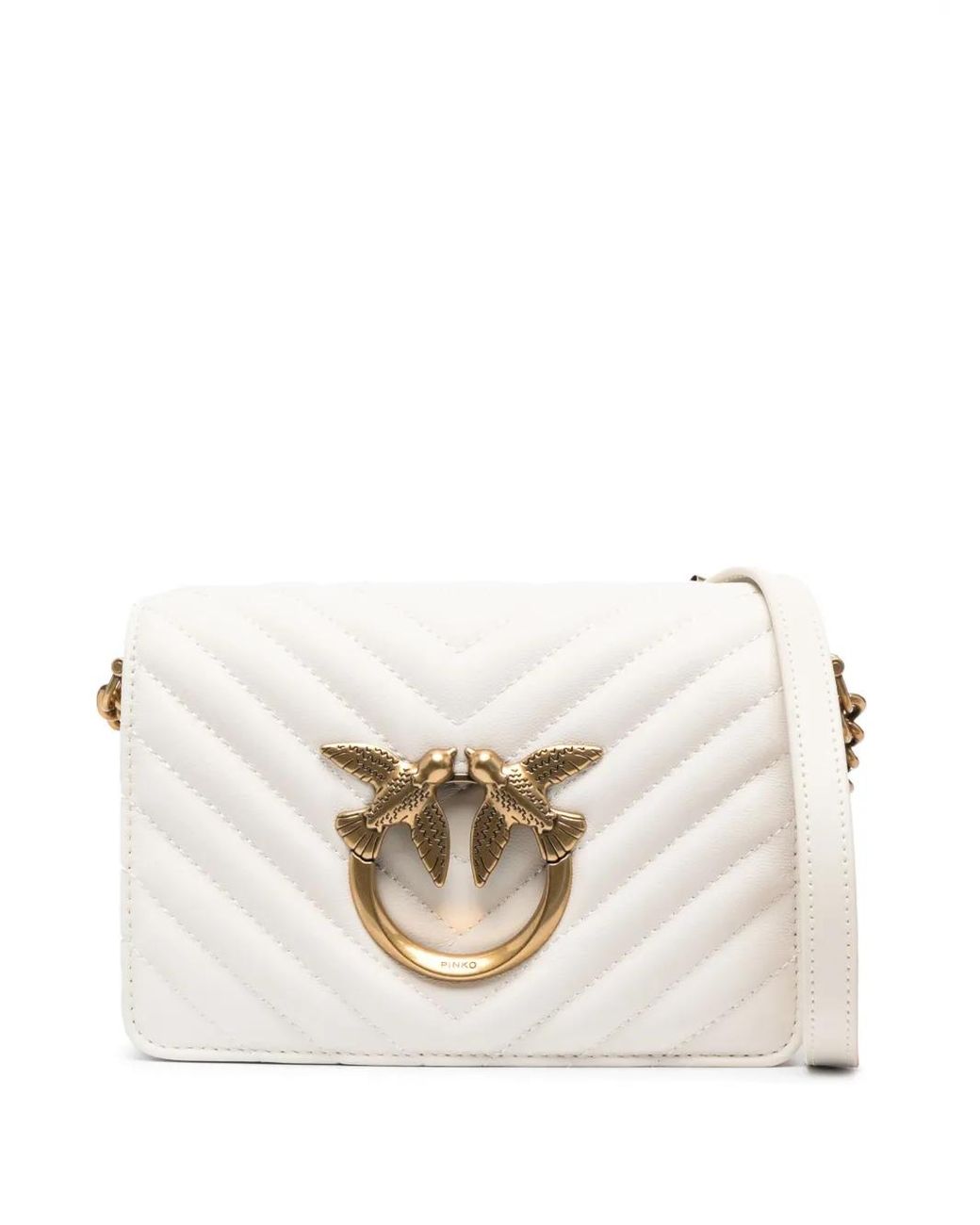 Pinko Natural 'love Click Mini' Shoulder Bag With Logo Plaque In Chevron Leather