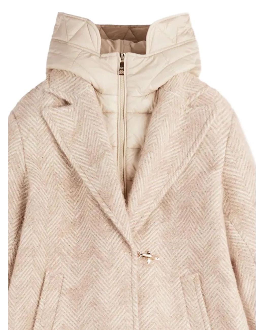 Fay Natural Herringbone Hooded Coat
