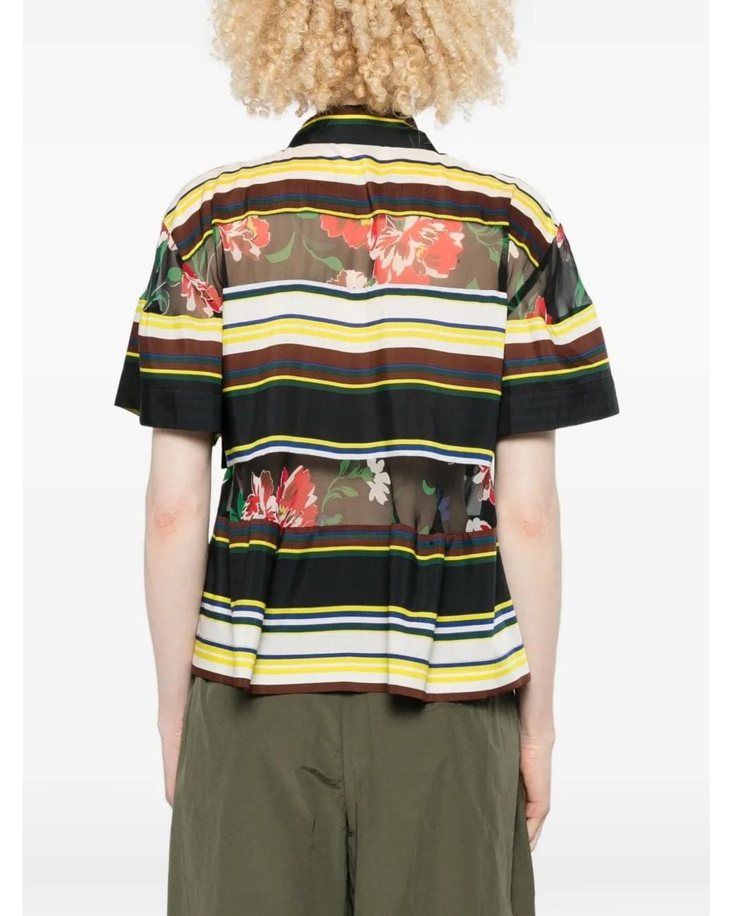 Sacai Green Striped Floral-Print Blouse
