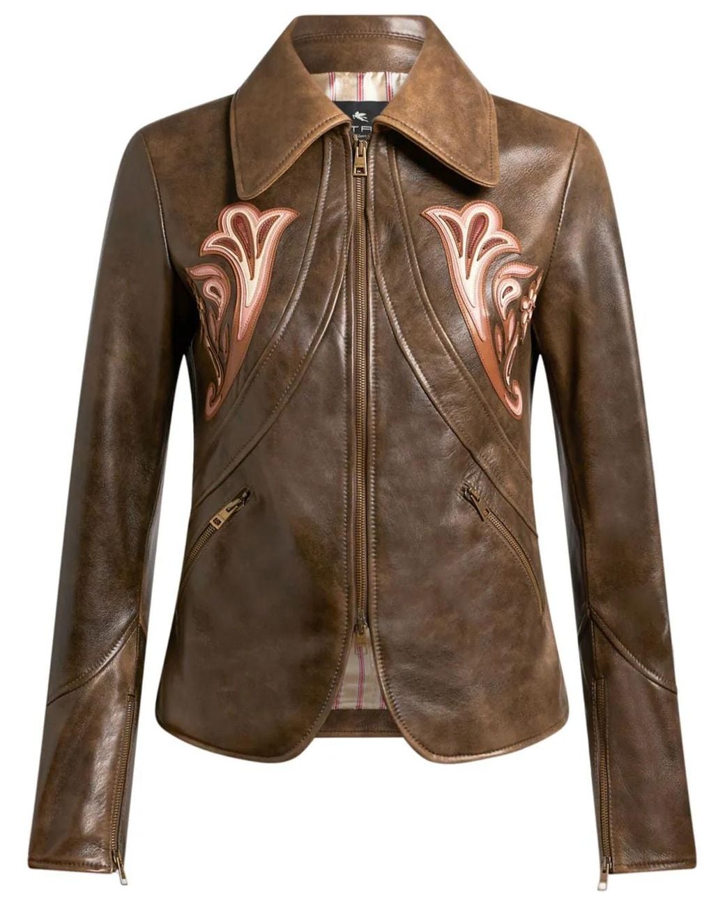 Etro Brown Leather Jacket With Inlays