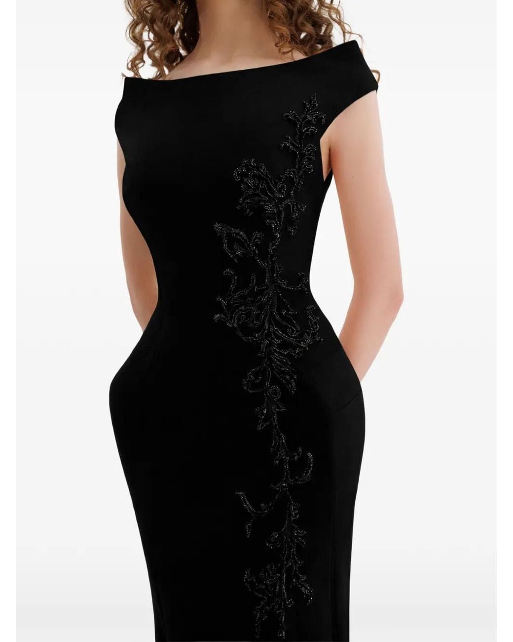 Gemy Maalouf Black Bead-Embellished Floral-Motif Dress