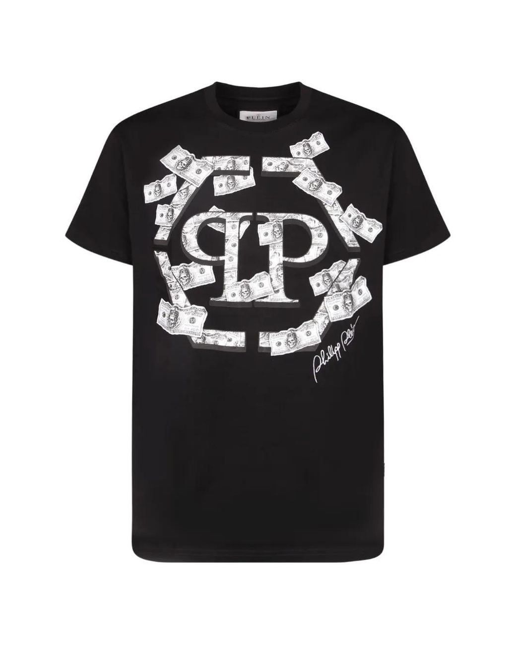 Philipp Plein Black Round Neck T-Shirt Dollar Hexagon for men