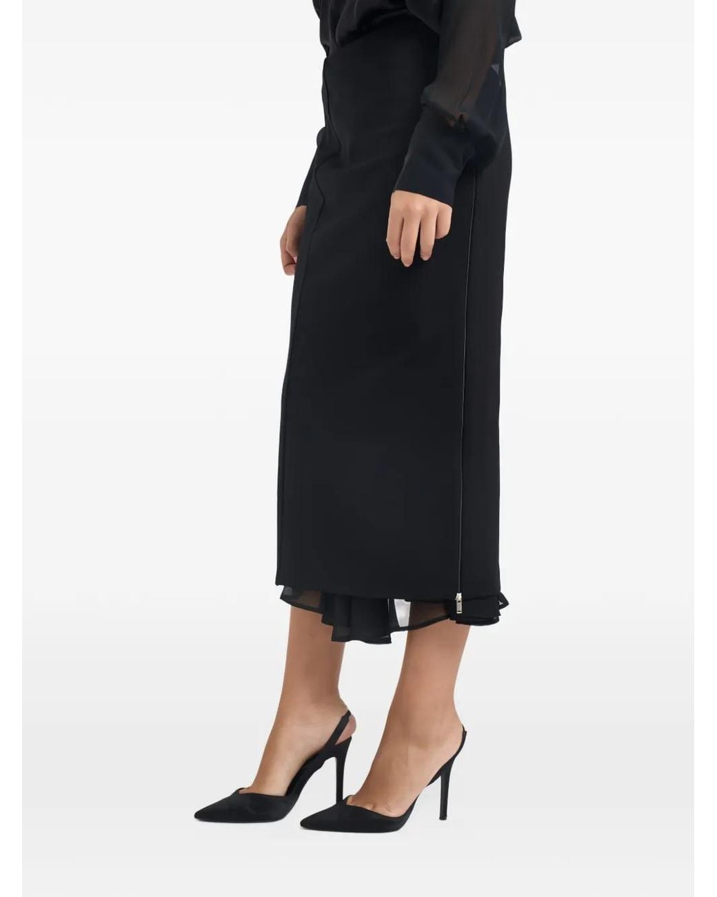Semicouture Black Layered-Hem Zip-Detail Midi Skirt