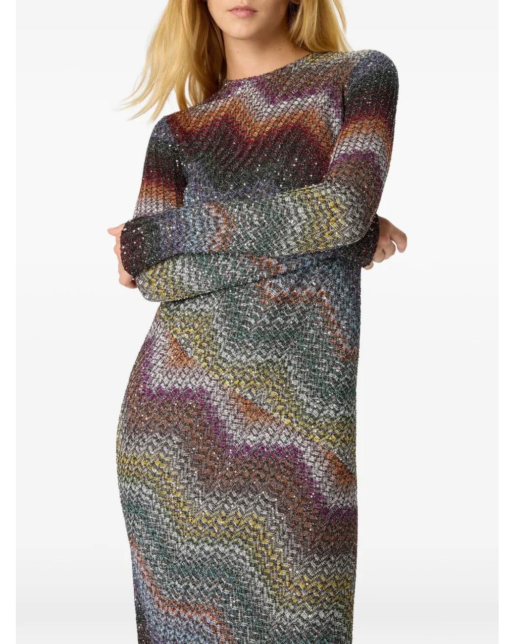 Missoni Gray Zigzag-Pattern Long-Sleeved Maxi Dress