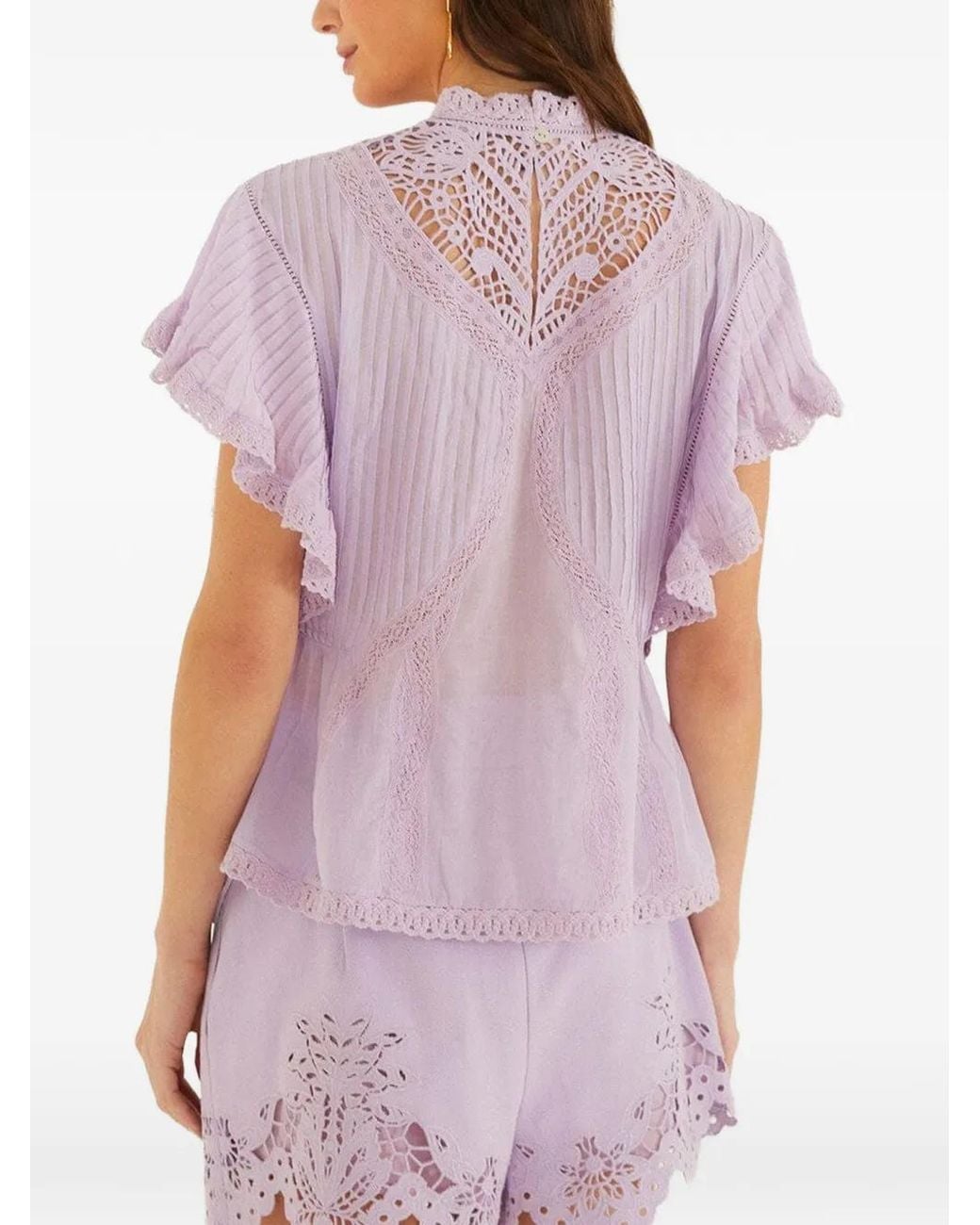 Farm Rio Purple Lace Ruffled Organic Cotton Blouse