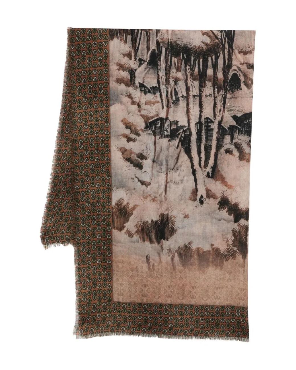 Pierre Louis Mascia Brown Euclides Fringed Patterned Scarf