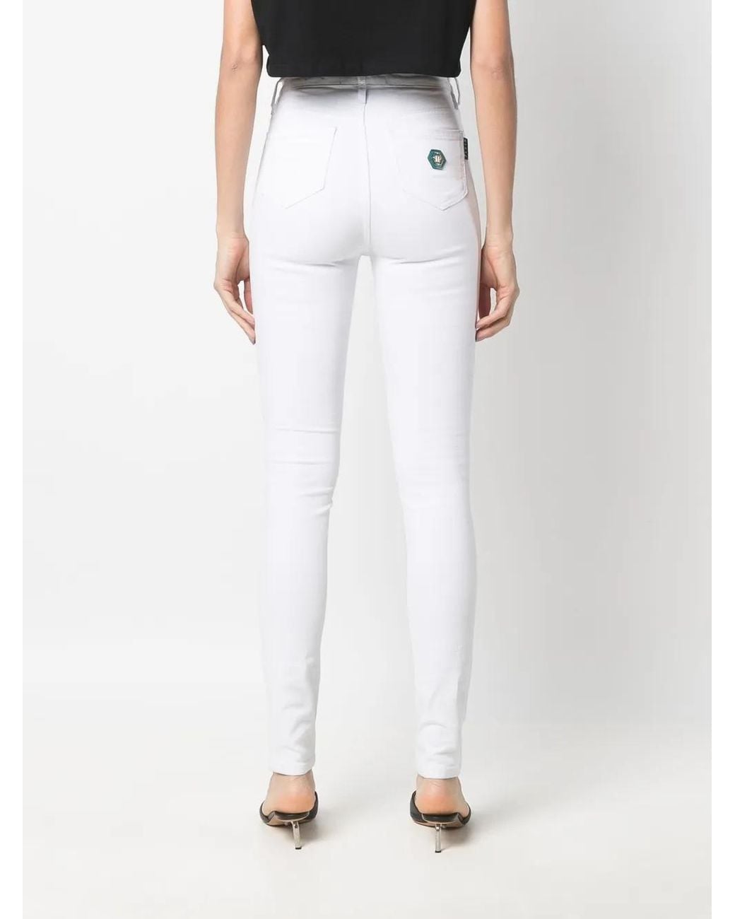 Philipp Plein White High-Waisted Biker Jeans