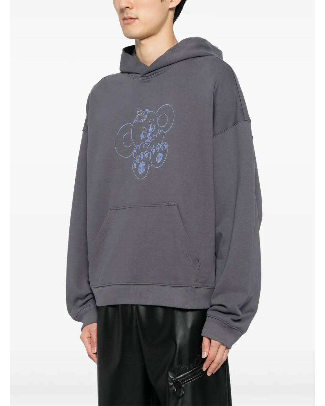 we11done Gray Monster-Print Cotton Hoodie