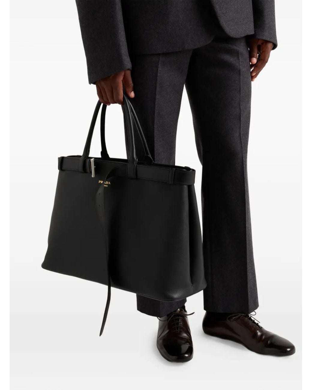 Prada Black Buckle Leather Tote Bag for men