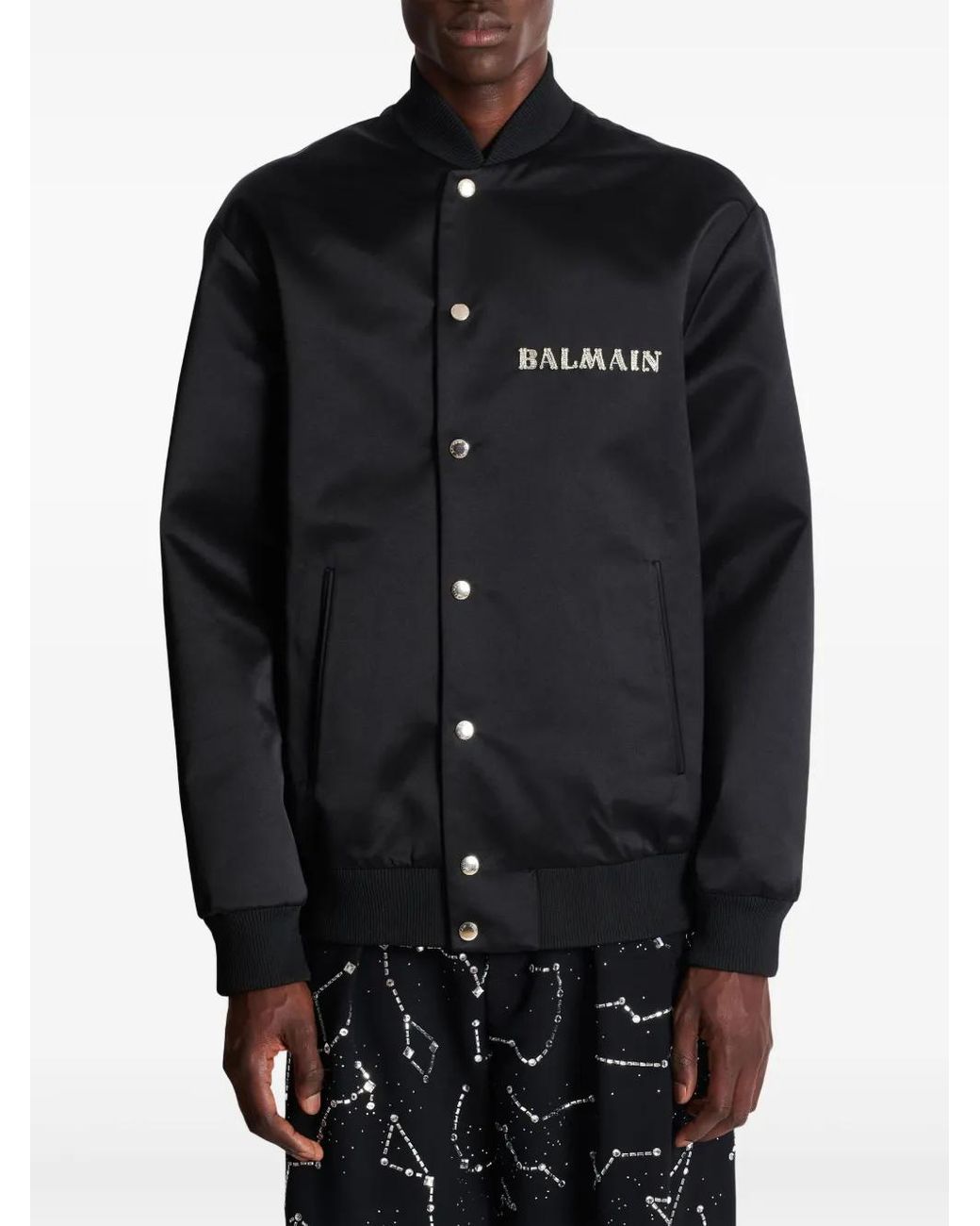 Balmain Black Satin Embellished Bomber Jacket for men
