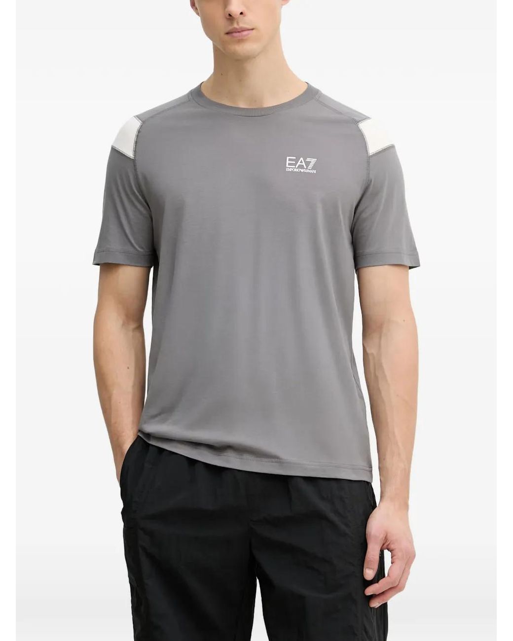 EA7 Gray Logo-Print Panelled T-Shirt for men