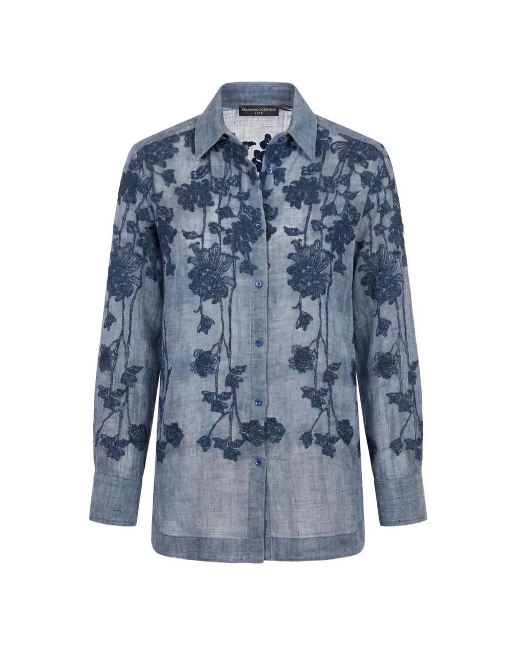 Ermanno Scervino Blue Floral-embroidered Linen Shirt