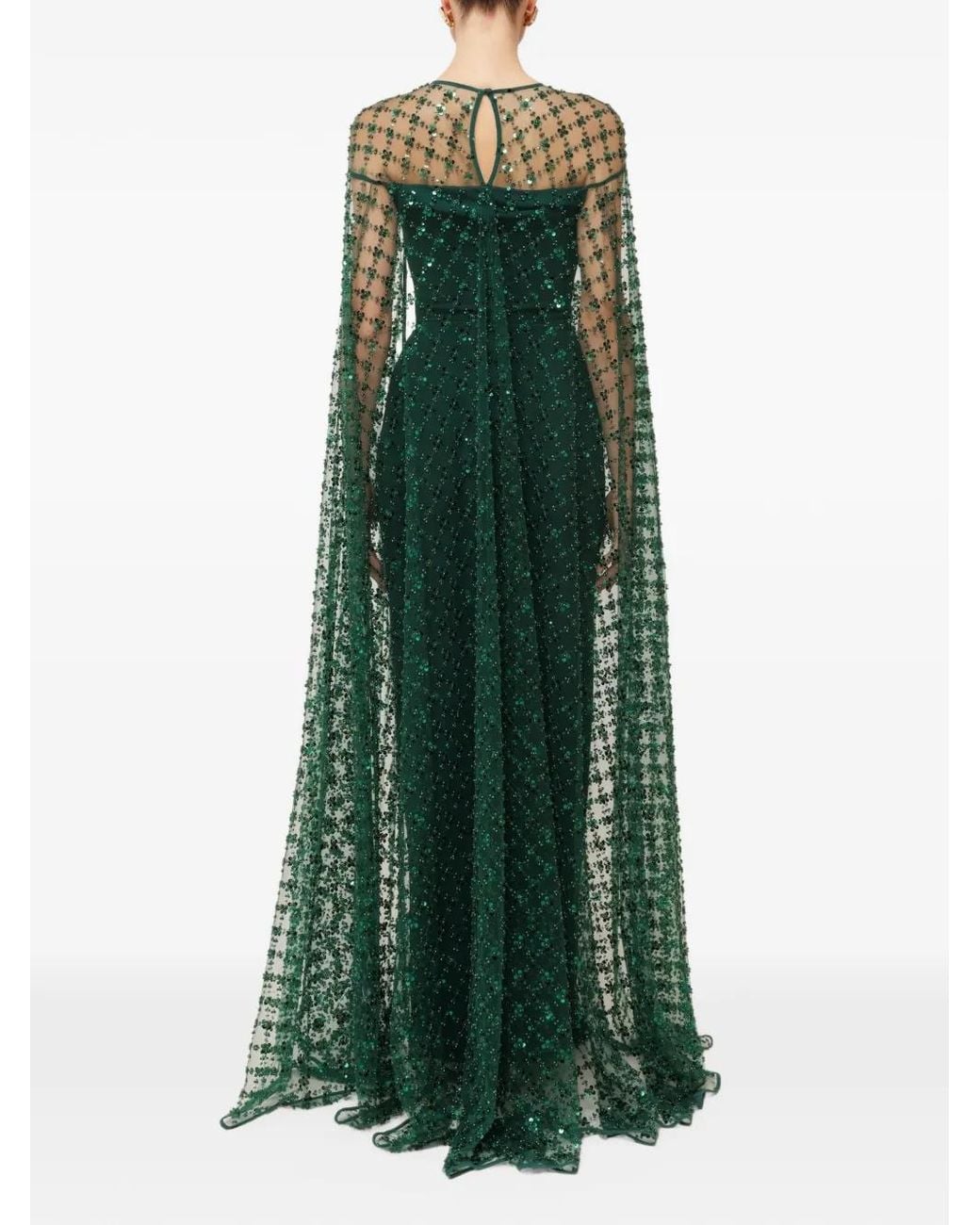 Nissa Green Sequin Tulle Cape Maxi Dress