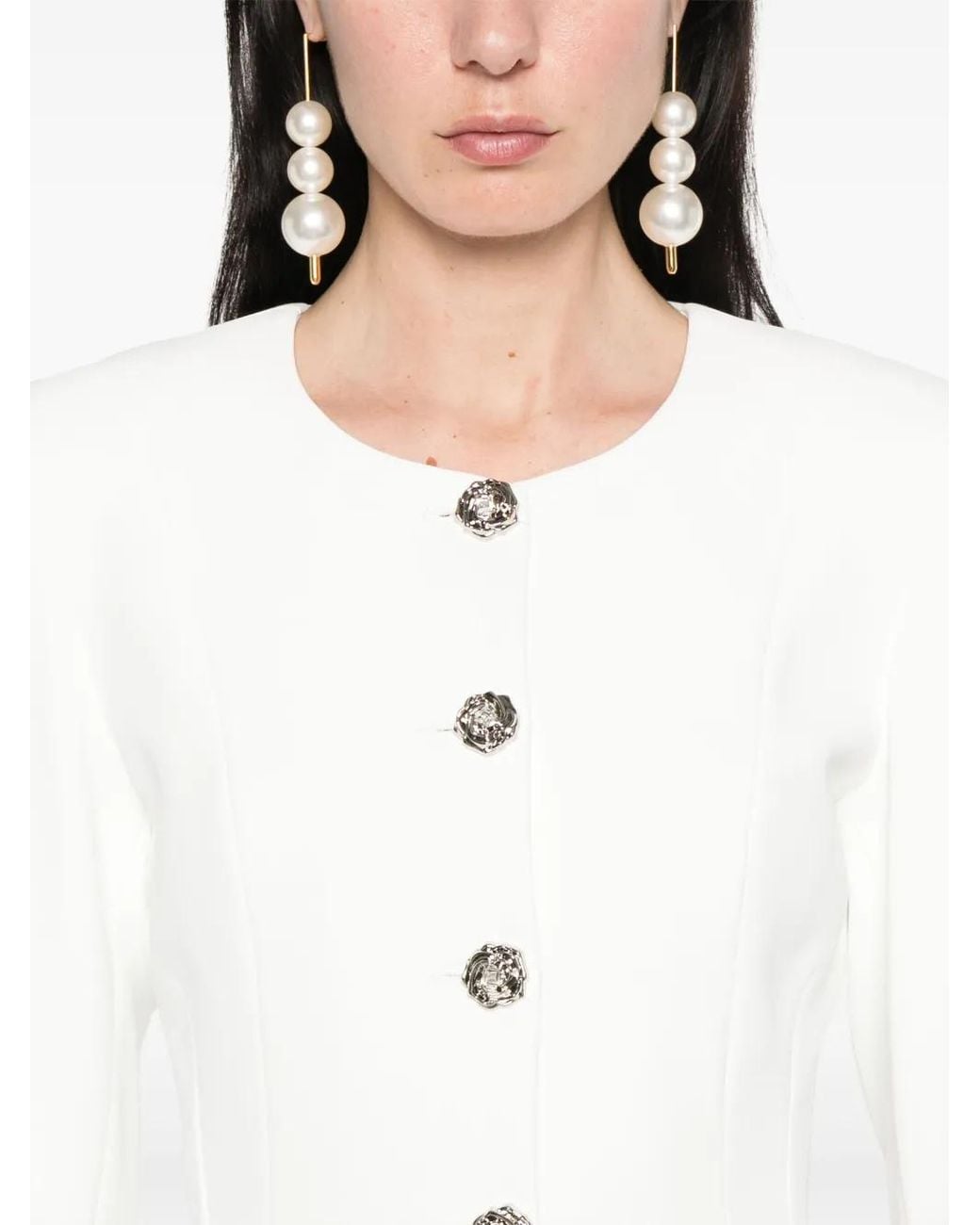 Nissa White Floral-Buttons Blazer