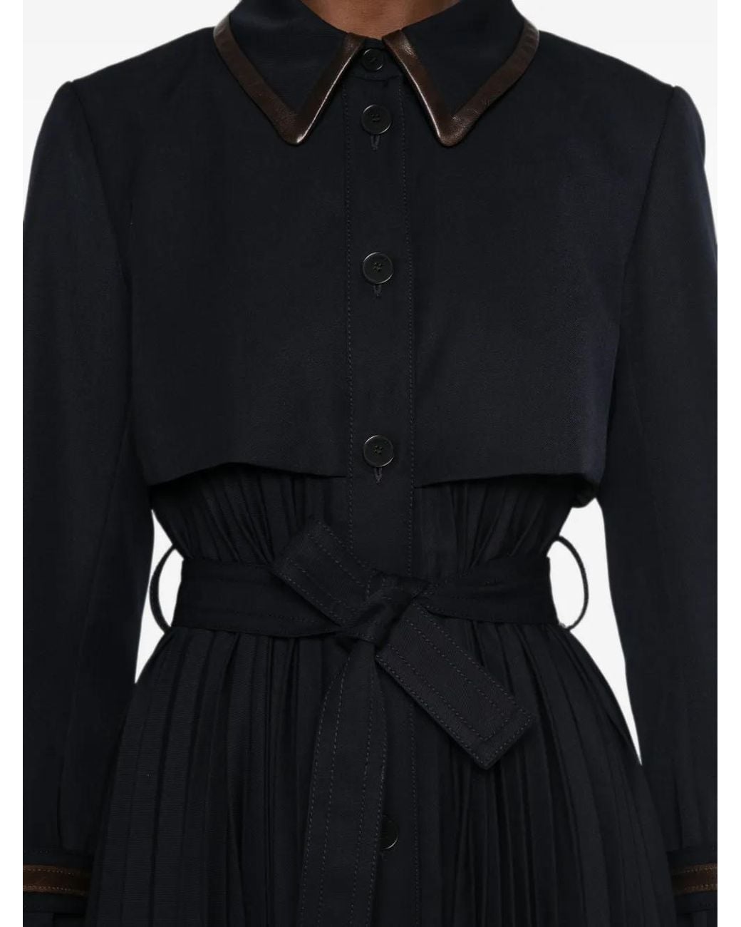 Sandro Black Pleated Trench Coat With Leather Collar