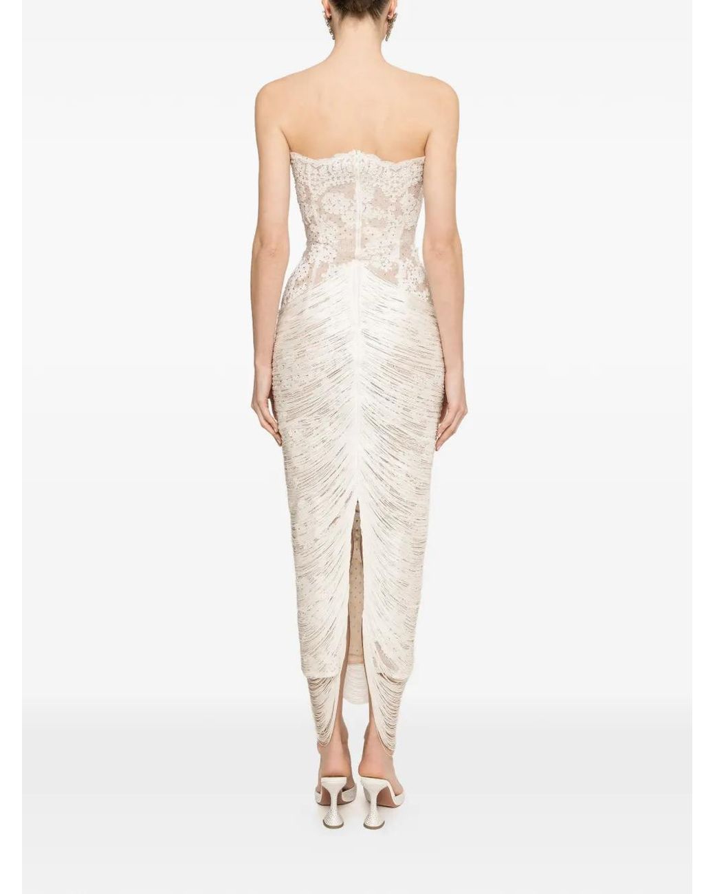 Nissa White Robe Mi-Longue En Dentelle À Franges