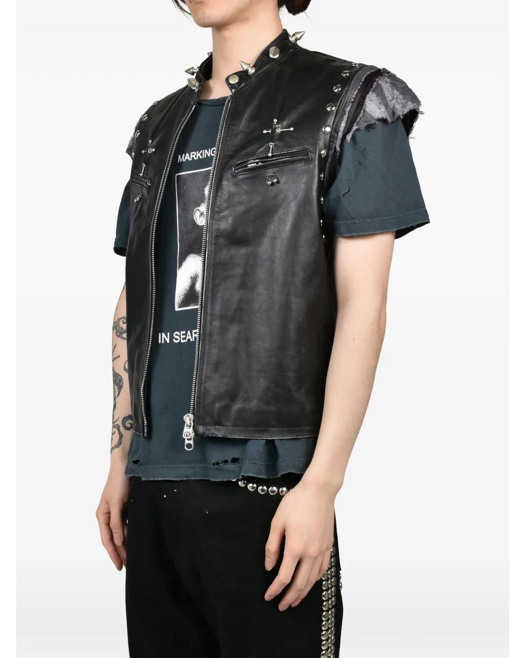 Marking Distance Black Gimp Spike-Embellished Leather Gilet for men