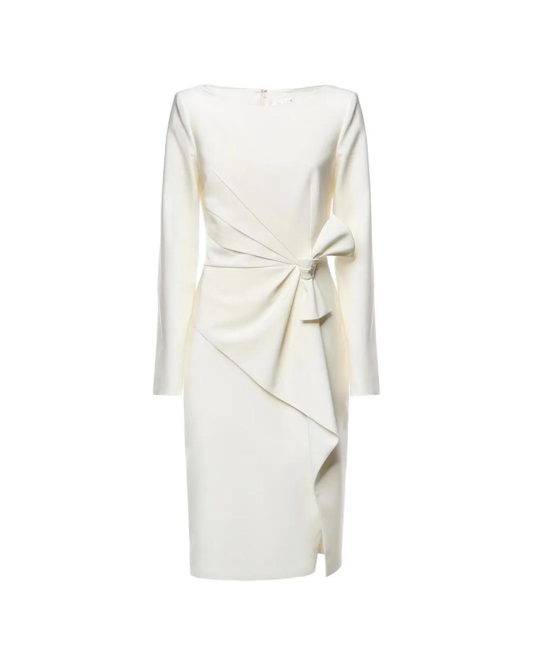 Genny White Side-Bow Draped Midi Dress