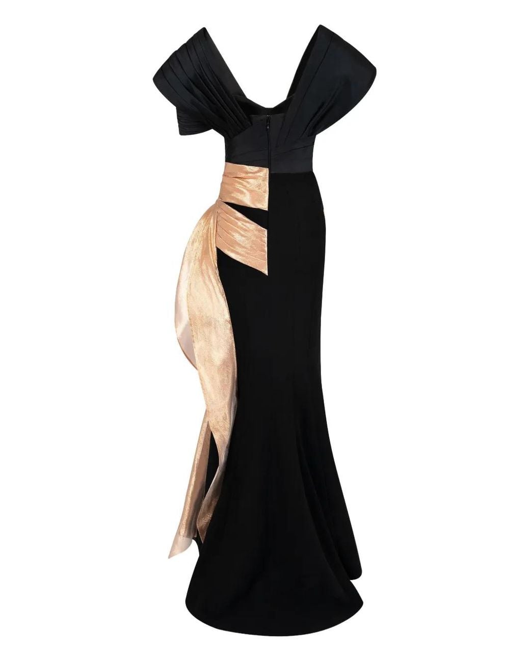 Gaby Charbachy Black Pleated-Panel Draped-Hem Evening Gown