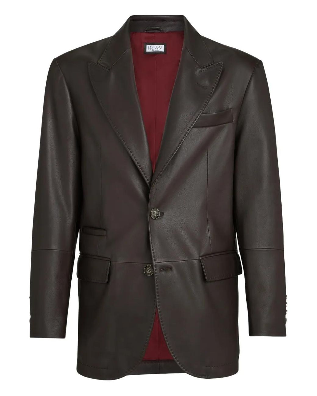 Brunello Cucinelli Black Peak-Lapels Leather Blazer for men