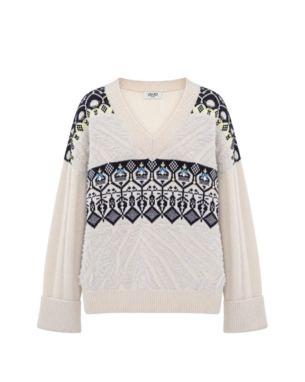 Liu Jo White Jacquard Sweater With Jewel Embroidery