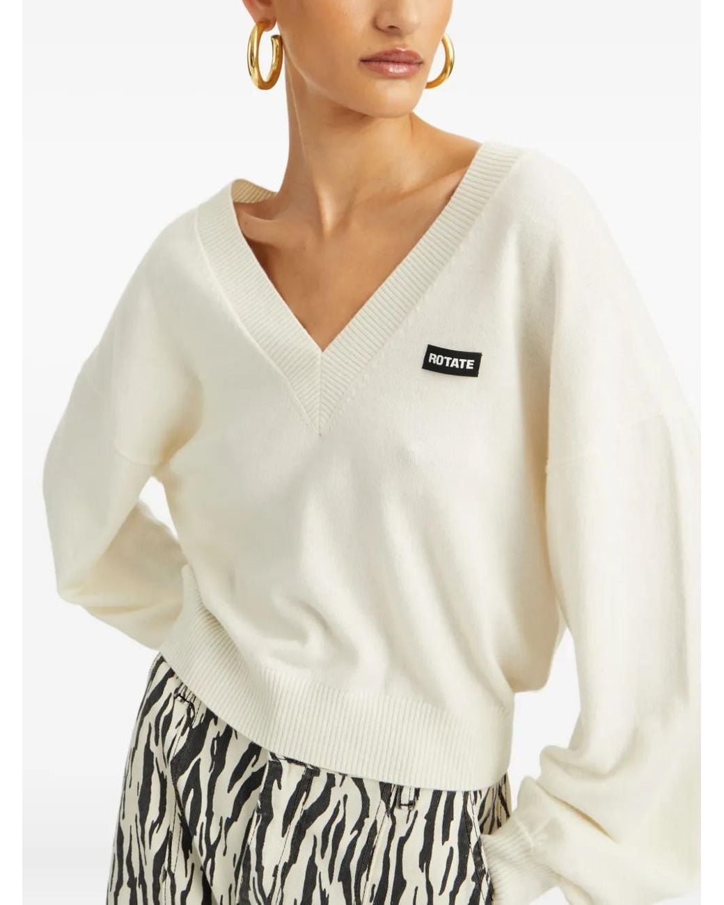 ROTATE BIRGER CHRISTENSEN White Knit V-Neck Sweater
