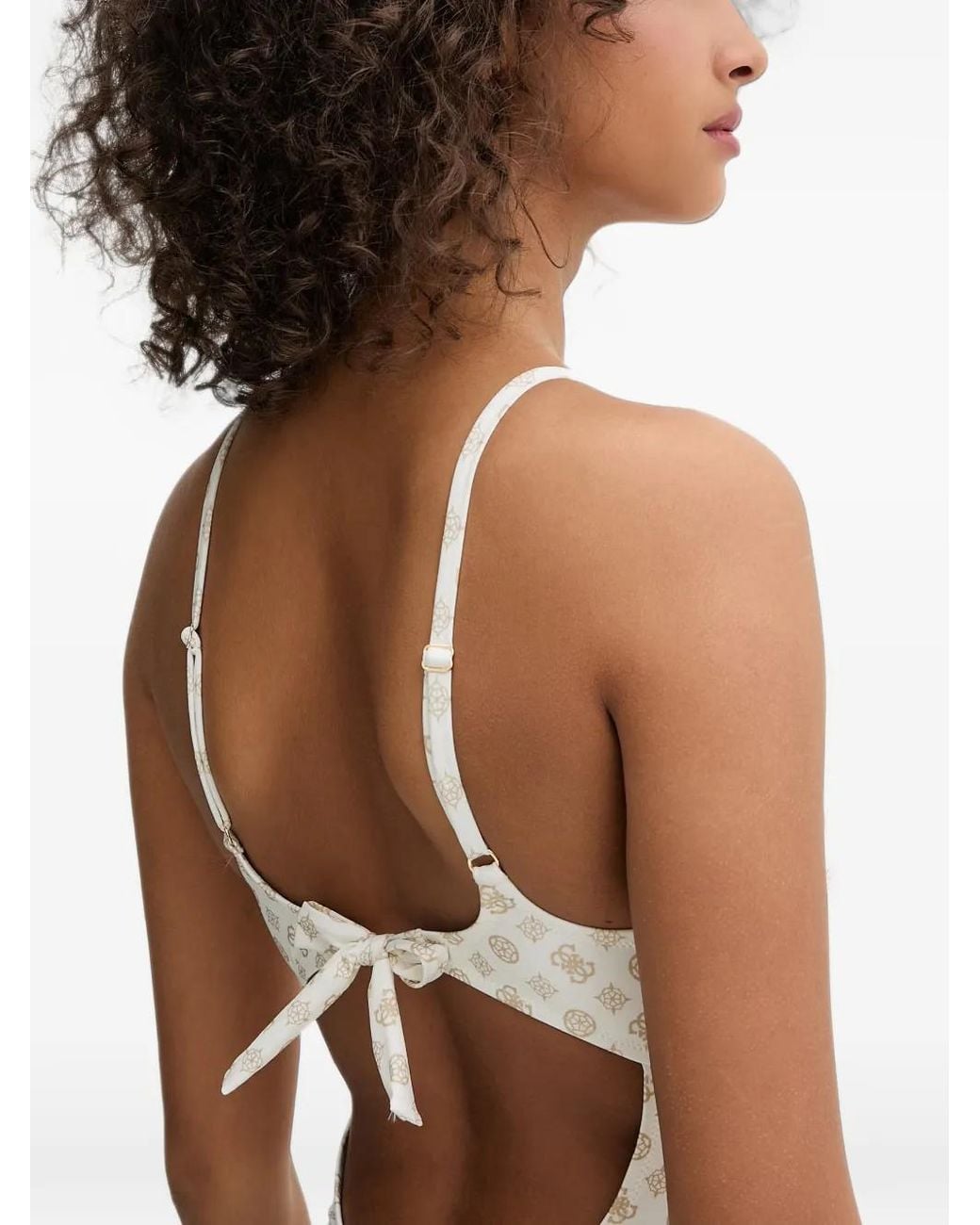 Guess White Logo-Print Cut-Out Swimsuit