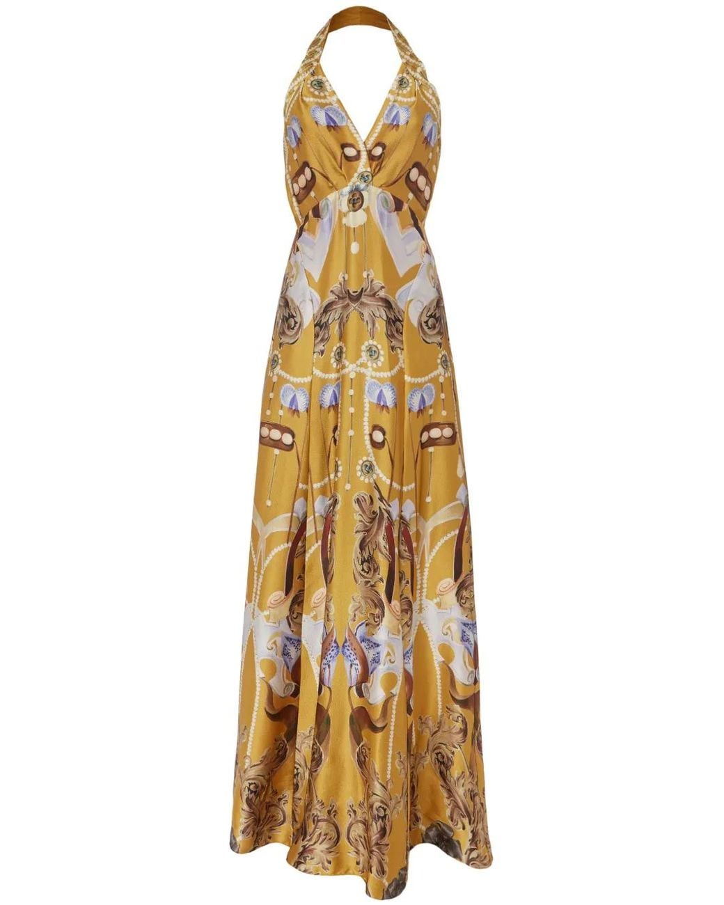 Temperley London Metallic Graphic Print Halterneck Silk Maxi Dress