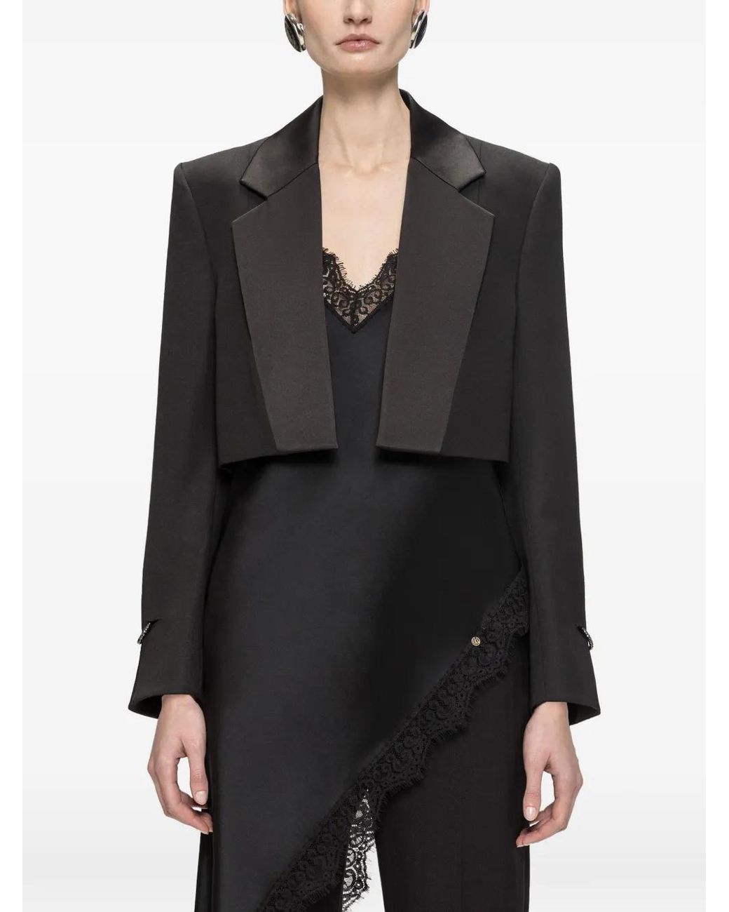 Nissa Black Cropped Wool-Blend Oversized Blazer