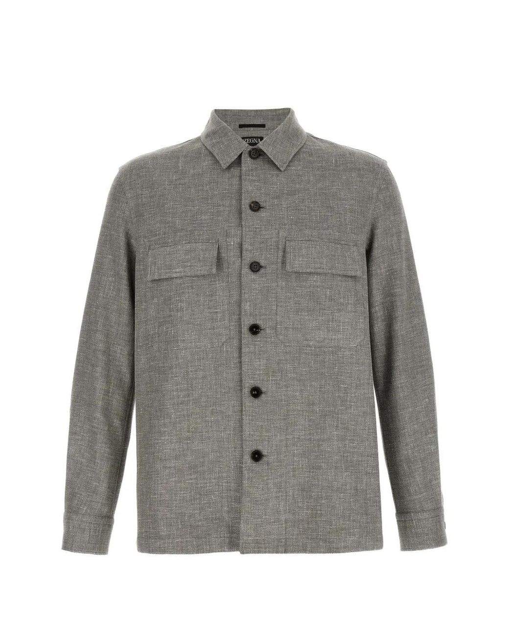 Zegna Gray Crossover Linen Wool And Silk Blend Overshirt for men