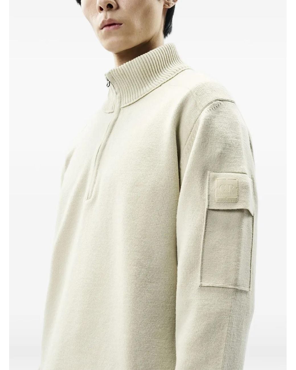 C P Company White Metropolis Series Extrafine-Merino-Wool Half-Zip Sweater for men