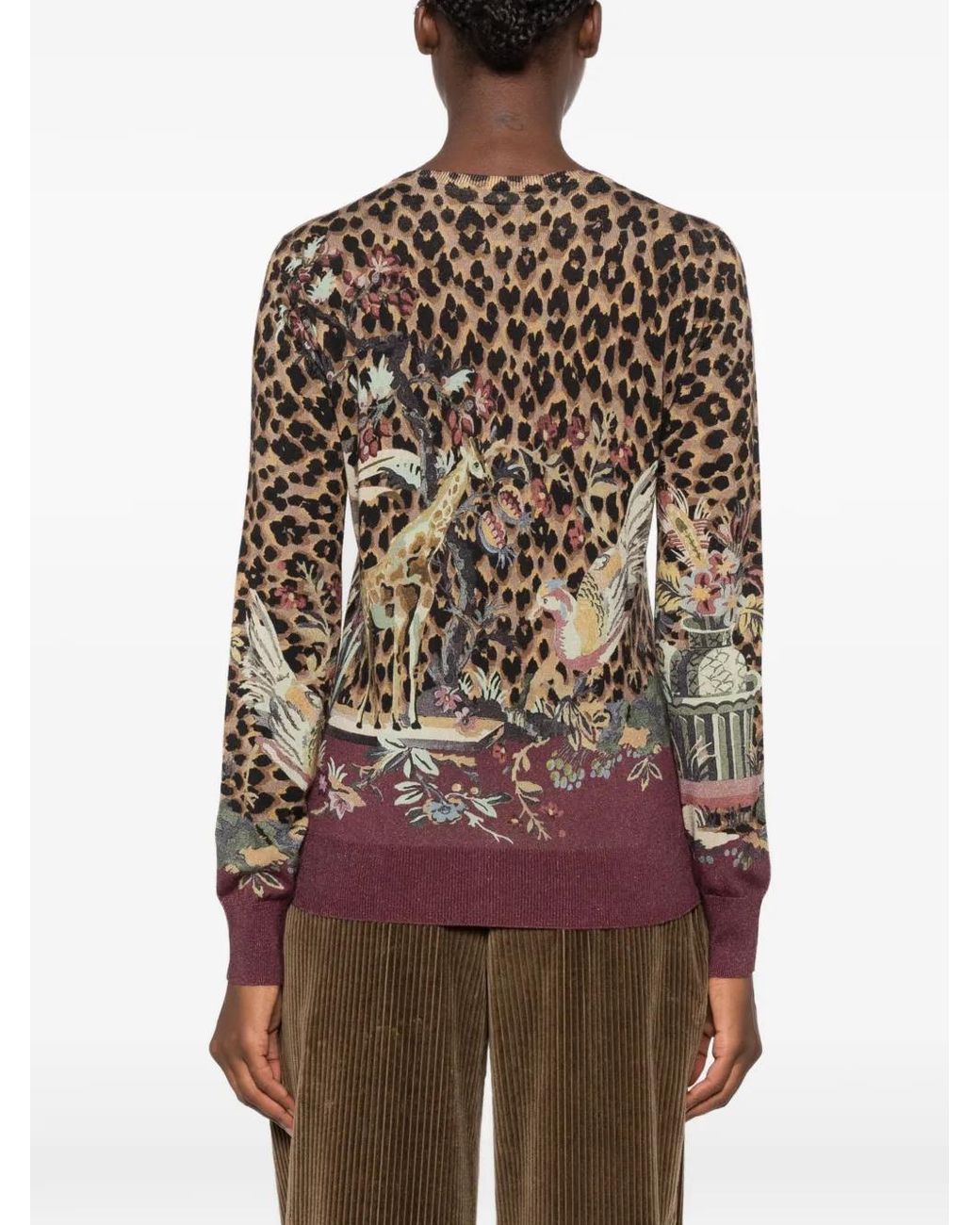 Etro Brown Leopard-Print Floral-Intarsia Cardigan