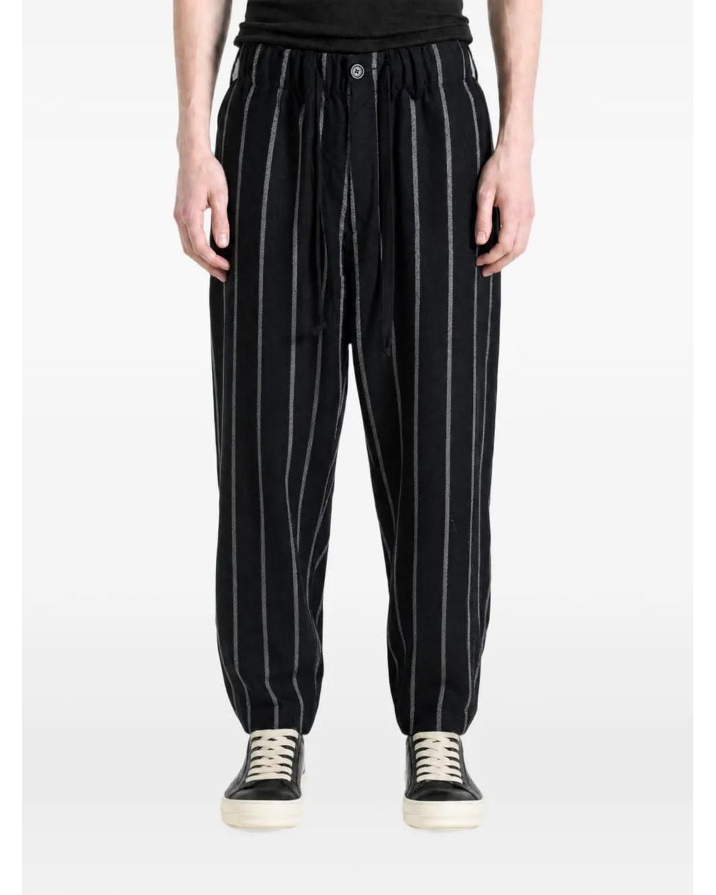 Uma Wang Black Vertical-Stripe Drawstring Trousers for men