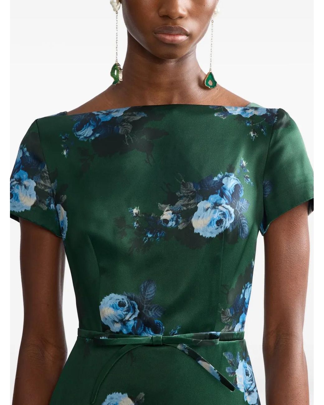 Erdem Green Duchesse-Satin Floral-Print Gown