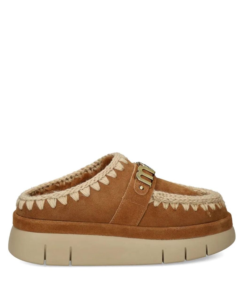 Mou Brown Logo-Lettering Whipstitch-Trim Mules