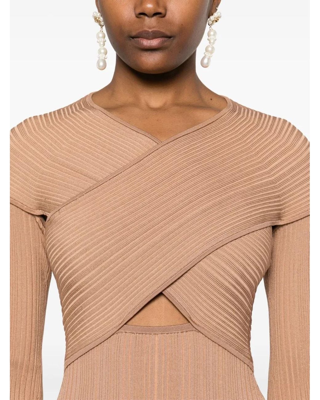 Self-Portrait Natural Ribbed Knit Wrap Top