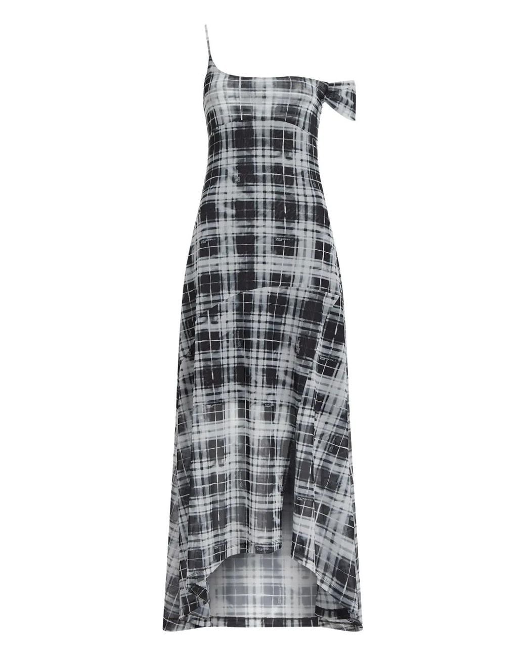 Karl Lagerfeld Gray Checked One-Shoulder Maxi Dress