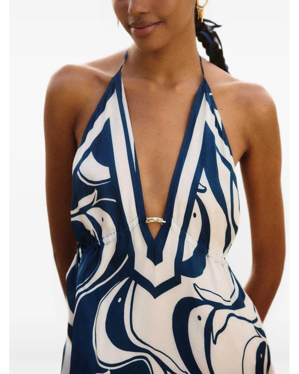 Farm Rio Blue Robe Longue Dos Nu À Imprimé Poisson