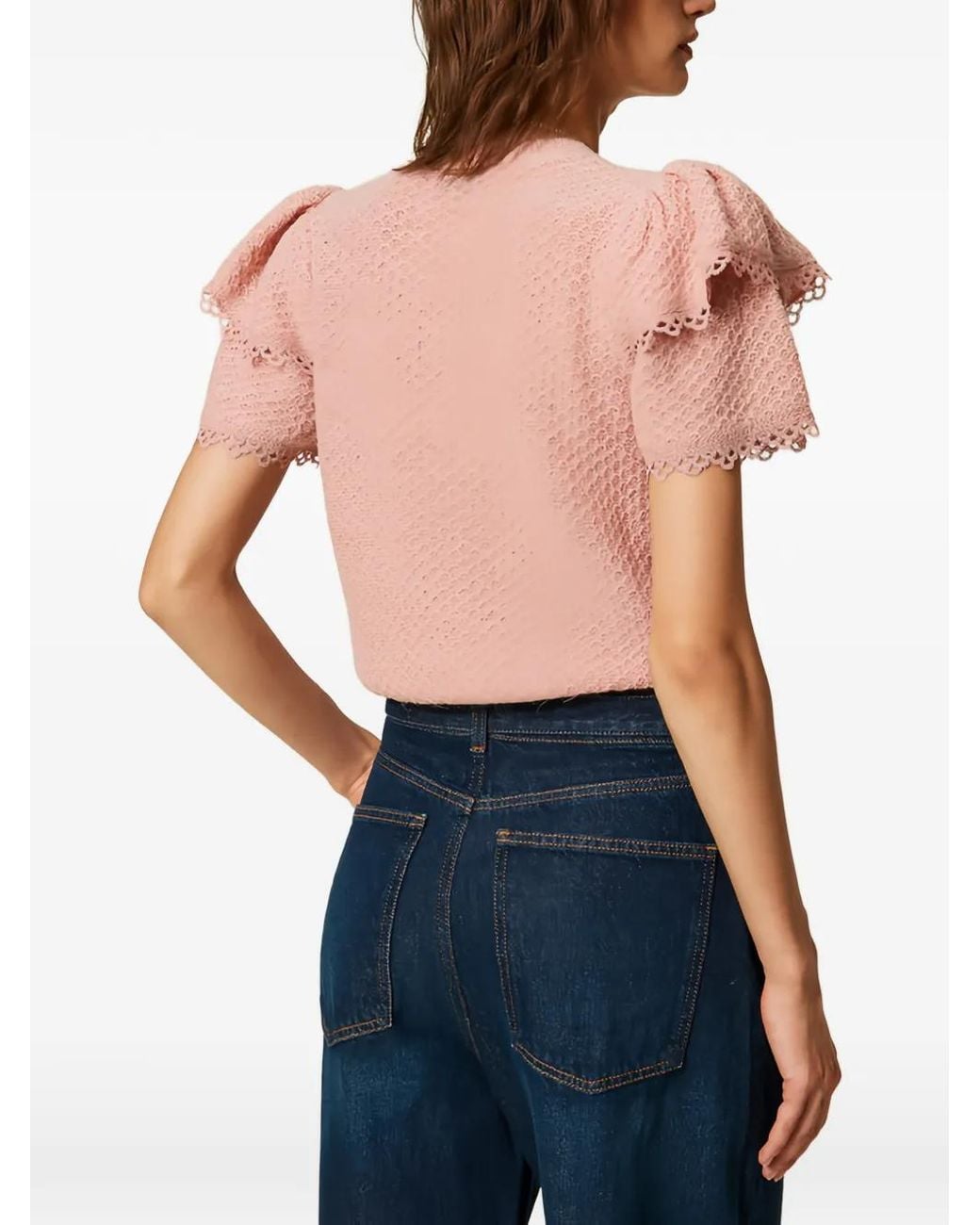Twinset Pink Crew Neck Sweater With Flounces
